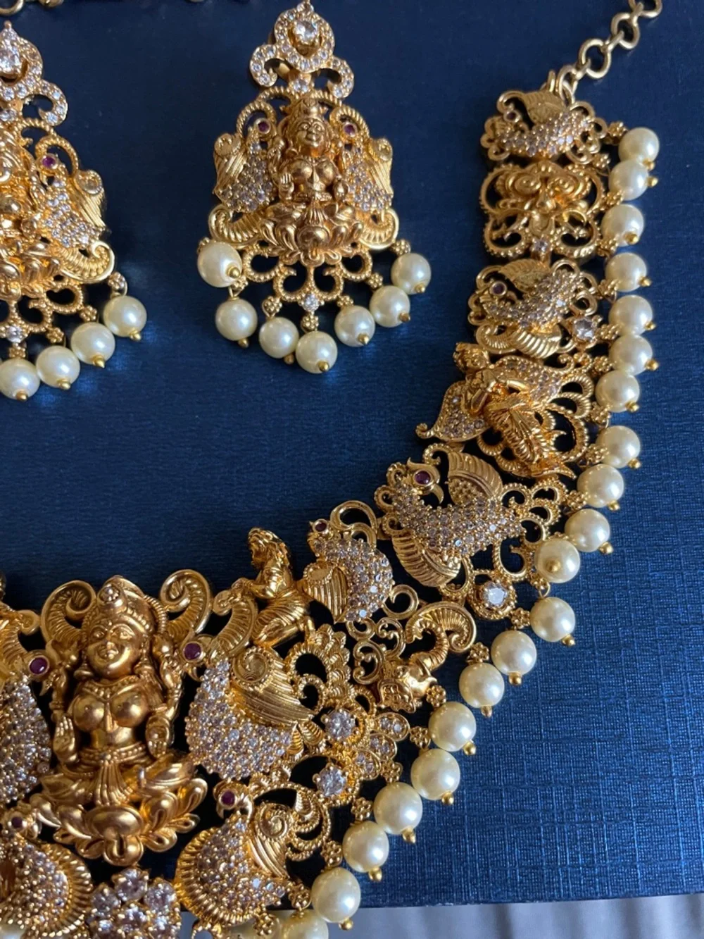 Traditional Gold-Tone Temple Necklace Set with Pearl Drops